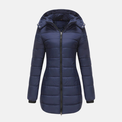 Women's Quilted Coat - Woven Fabric - Straight Cut - Mid-thigh Length - Attached Hood