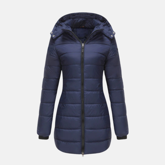 Women's Quilted Coat - Woven Fabric - Straight Cut - Mid-thigh Length - Attached Hood