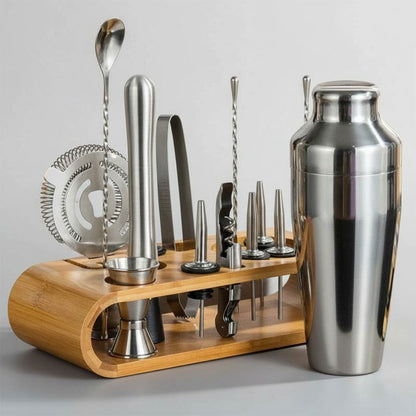 Minimalist Stainless Steel Cocktail Shaker Set With Bamboo Stand