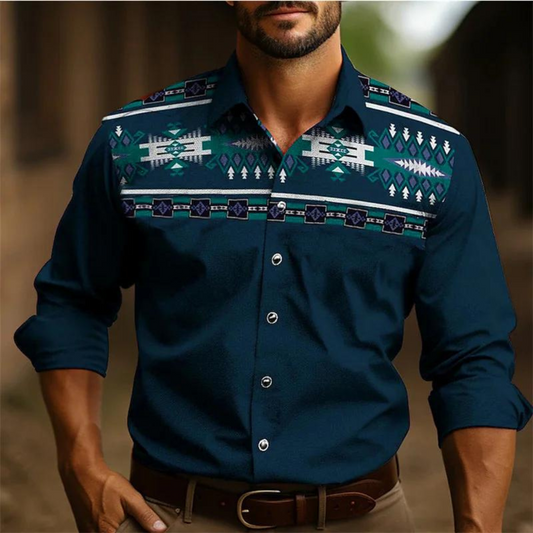 Men's shirt – Slim fit – Long sleeves – Retro geometric pattern – Breathable fabric