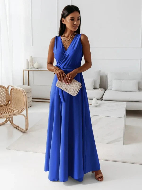 Robe longue femme – Coupe fluide – Sans manches – Décolleté en V – Taille ceinturée