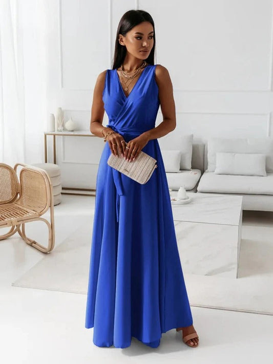 Robe longue femme – Coupe fluide – Sans manches – Décolleté en V – Taille ceinturée
