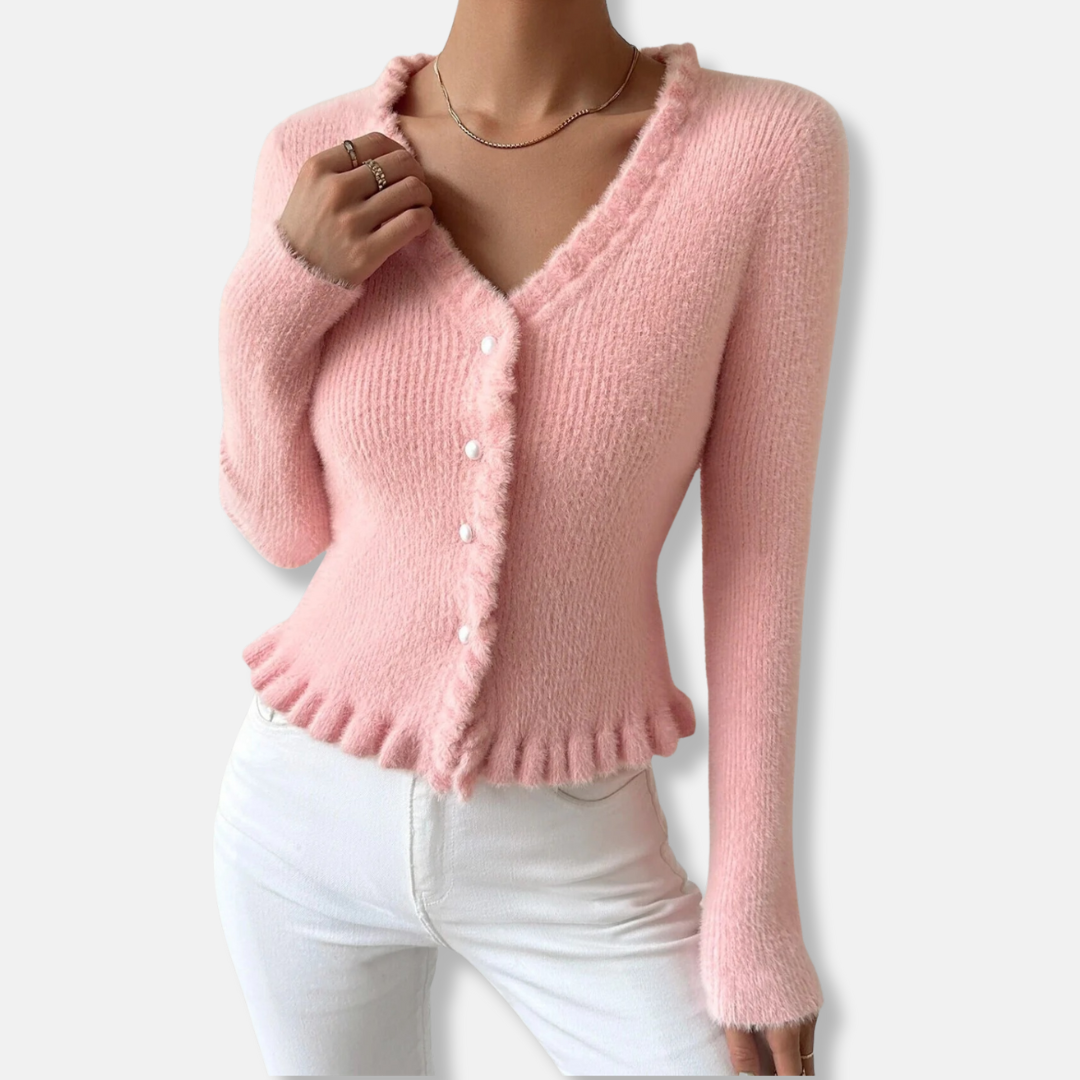 Erin Cropped Cardigan | Pearl Buttons, Ruffled Trim Cardigan