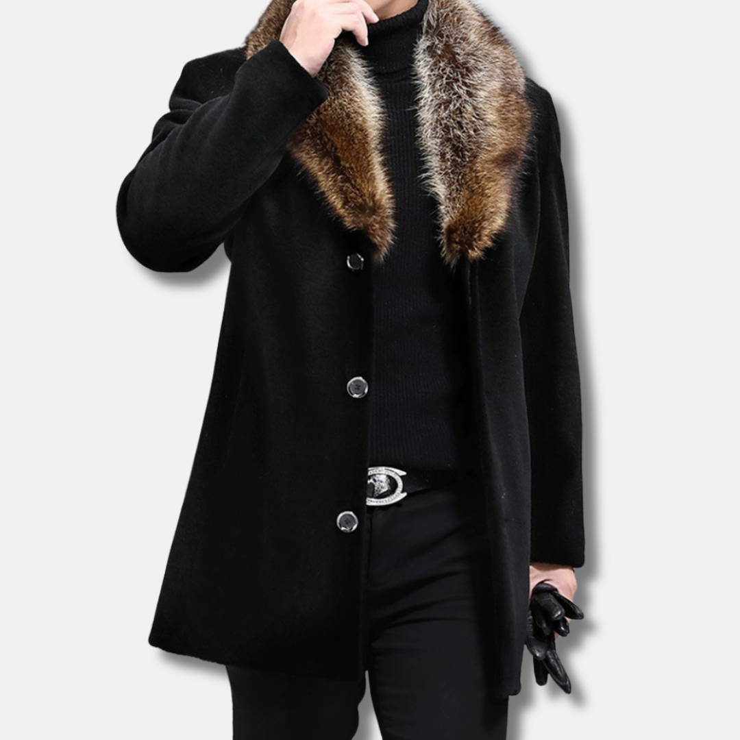 Men Coat - Soft Fabric - Mid-Thigh Length - V Collar Fur Sharky