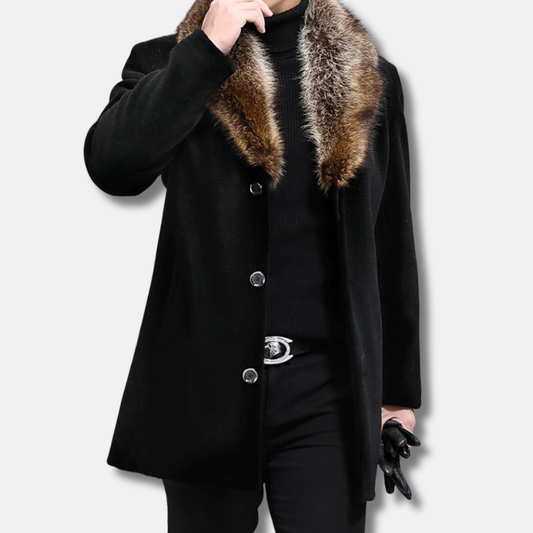 Men Coat - Soft Fabric - Mid-Thigh Length - V Collar Fur Sharky