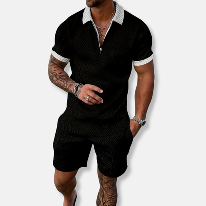 Men's Polo and Short Set – Slim Fit – Breathable Fabric – Zippered Closure – Contrasting Finish