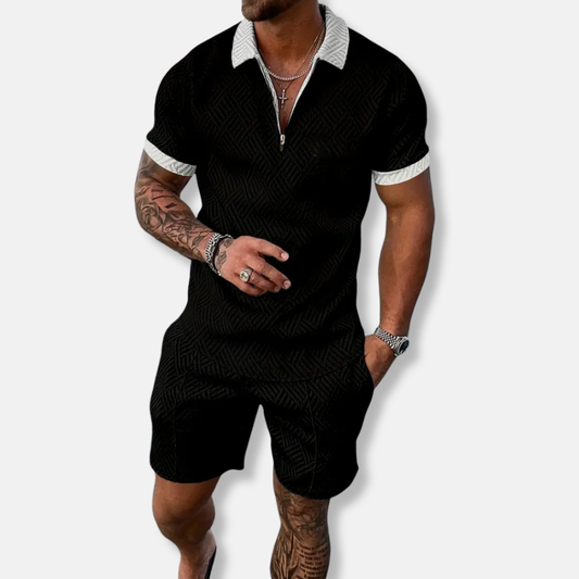 Men's Polo and Short Set – Slim Fit – Breathable Fabric – Zippered Closure – Contrasting Finish