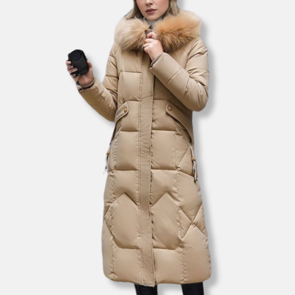 Women's Long Quilted Coat - Woven Fabric - Slim Fit - Removable Stand Collar