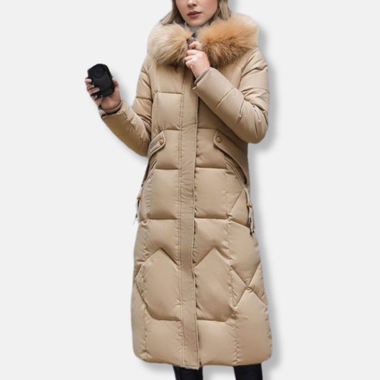 Women's Long Quilted Coat - Woven Fabric - Slim Fit - Removable Stand Collar