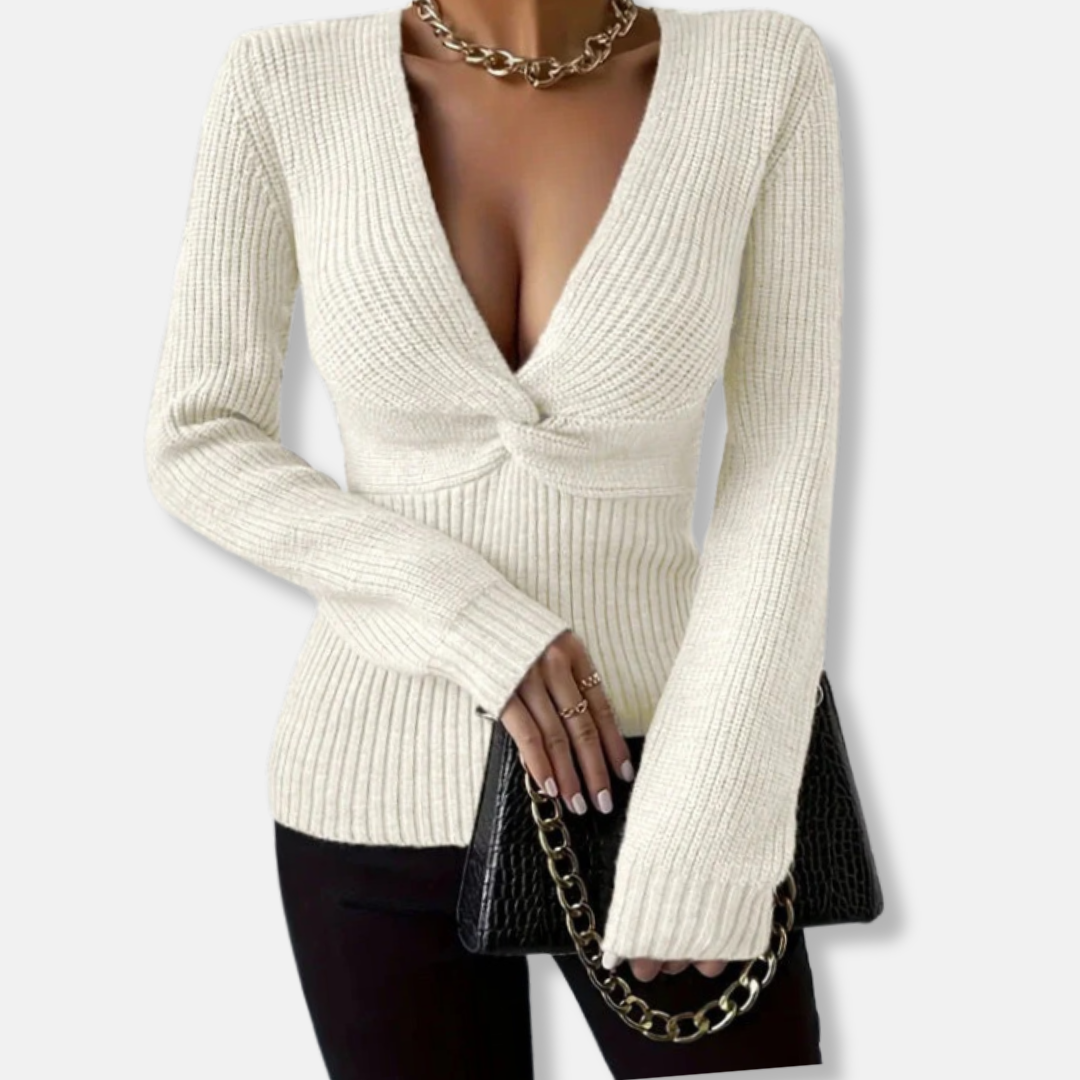 Clara Ribbed V-Neck Sweater | Twist Front Fitted Sweater