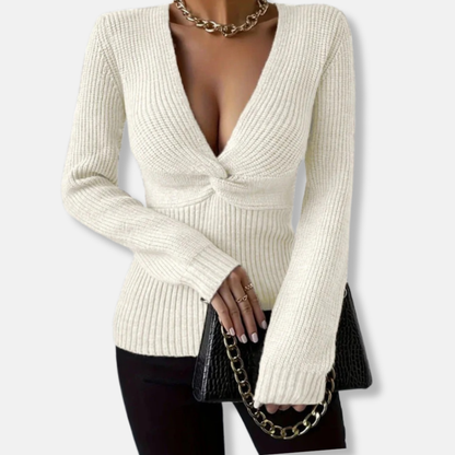 Clara Ribbed V-Neck Sweater | Twist Front Fitted Sweater
