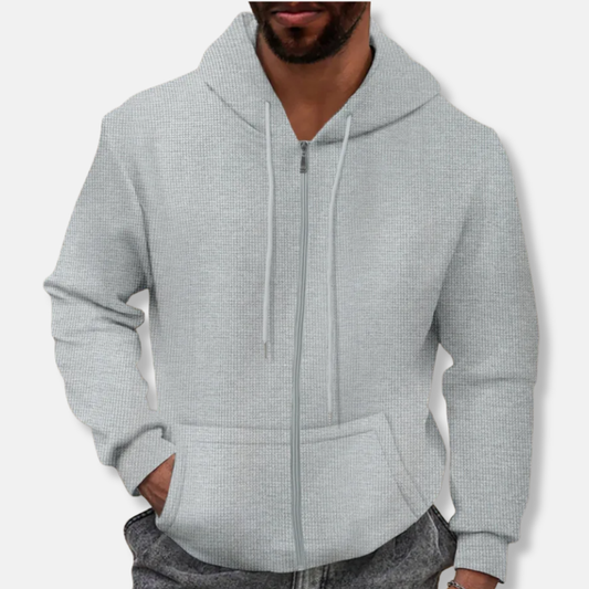 Men's Hoodie - Cotton Blend - Relaxed Fit - Honeycomb Texture - Full Zip