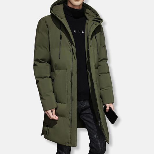 Men's Coat - Woven Fabric - Mid-Thigh Length - Adjustable Hood