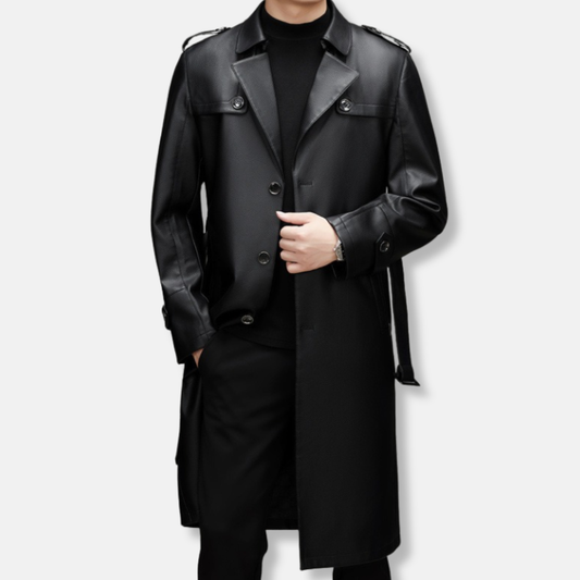 Men's trench coat – Smooth leather – Slim fit – Structured silhouette – Knee length