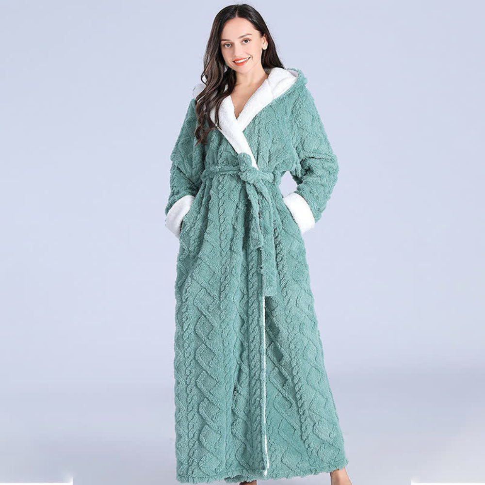 Plush Cable-Knit Hooded Sherpa-Trim Bathrobe