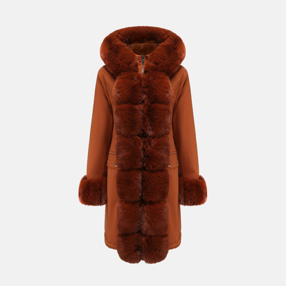 Women's Long Coat - Woven Fabric - Fur Hood - Straight Cut