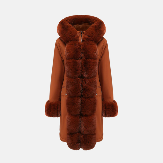 Women's Long Coat - Woven Fabric - Fur Hood - Straight Cut