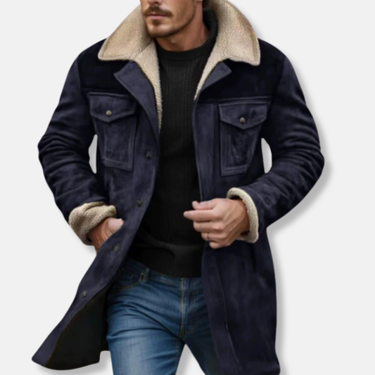 Men Trench-Coat - Woven Suede - Notched Lapel Collar - Mid-Thigh Length