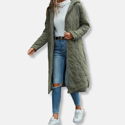 Alessandra Hooded Quilted Coat | Longline Zip Front Coat