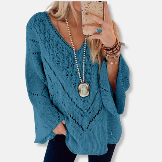 Eliza Cotton V-Neck Sweater | Relaxed Fit Open-Knit Sweater