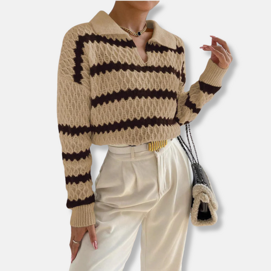 Caterina Wool Cropped Polo Sweater | Striped V-Neck Polo Sweater