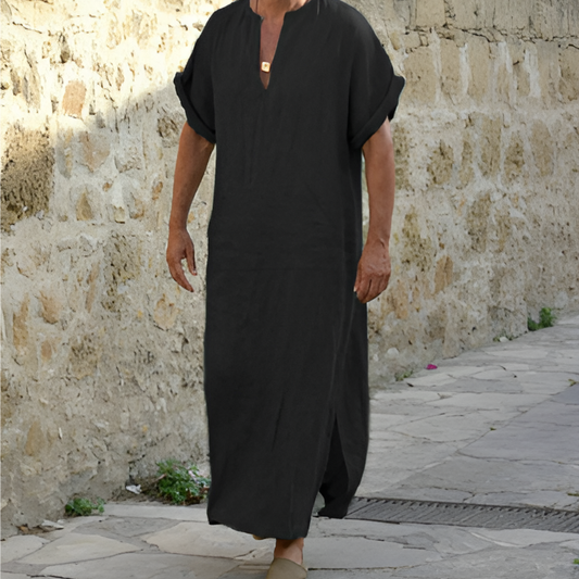 Men's long shirt dress – Loose fit – Breathable fabric – V-neck – Short sleeves