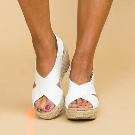 Sandales compensées femme – Bride croisée – Semelle espadrille – Bout ouvert confortable