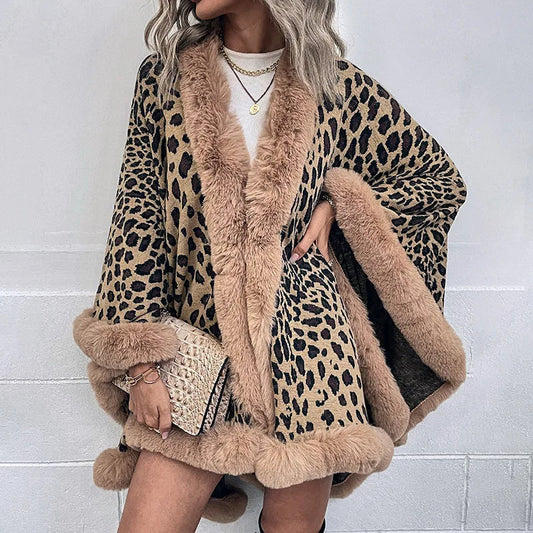 Giorgia Oversized Cape | Leopard Print Fur Trim Cape