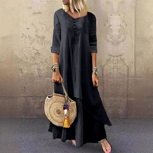 Women's Midi Dress – Loose Fit – Natural Fibers – 3/4 Sleeves – Asymmetrical Skirt