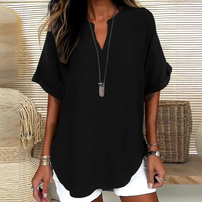 Women's Blouse – Relaxed Fit – Short Sleeves – Breathable Natural Fibers