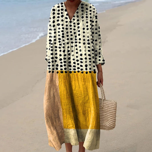 Dress woman midi – Loose fit – Natural fibers – Long sleeves – Geometric print