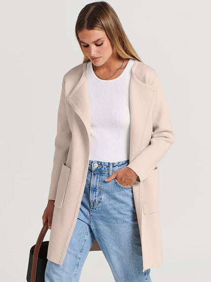 Manteau femme mi-long – Laine mélangée – Coupe droite – Col large – Style épuré