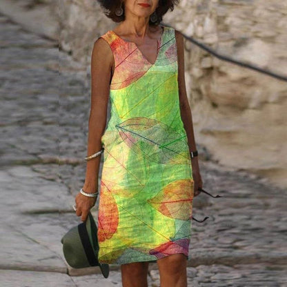 Women's mid-length dress – Relaxed fit – Sleeveless – V-neck – Foliage print