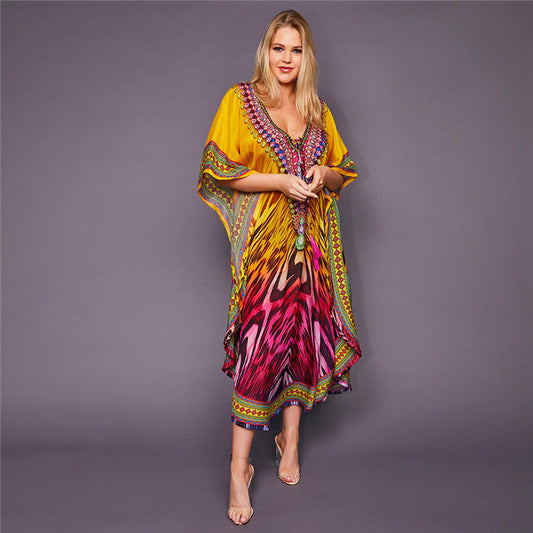 Women's kaftan-style dress – flowing cut – breathable fabric – embellished V-neck