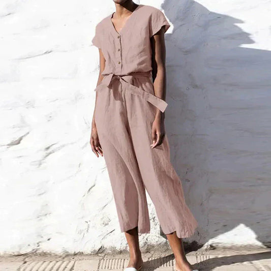 Women's jumpsuit – Relaxed fit – Lightweight cotton – Wide leg – Belted waist