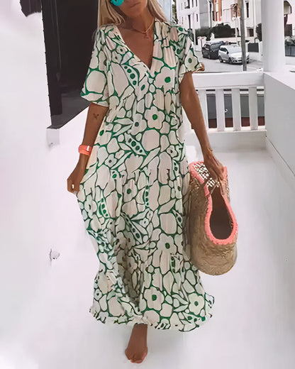 Women's long dress – Flowing cut – Short sleeves – Deep V-neck – Breathable fabric