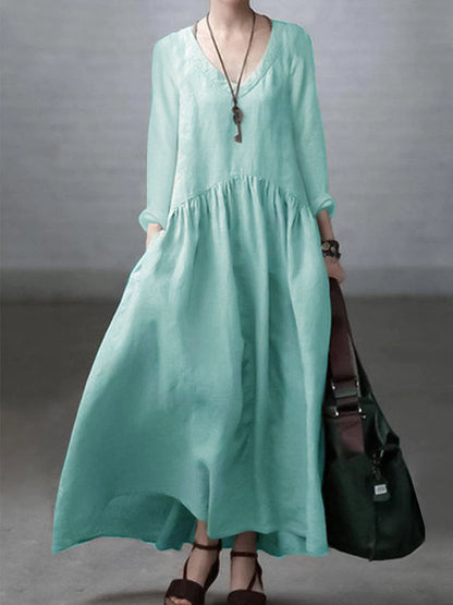 Women's long dress – Natural fibers – Loose fit – V-neck – Long sleeves