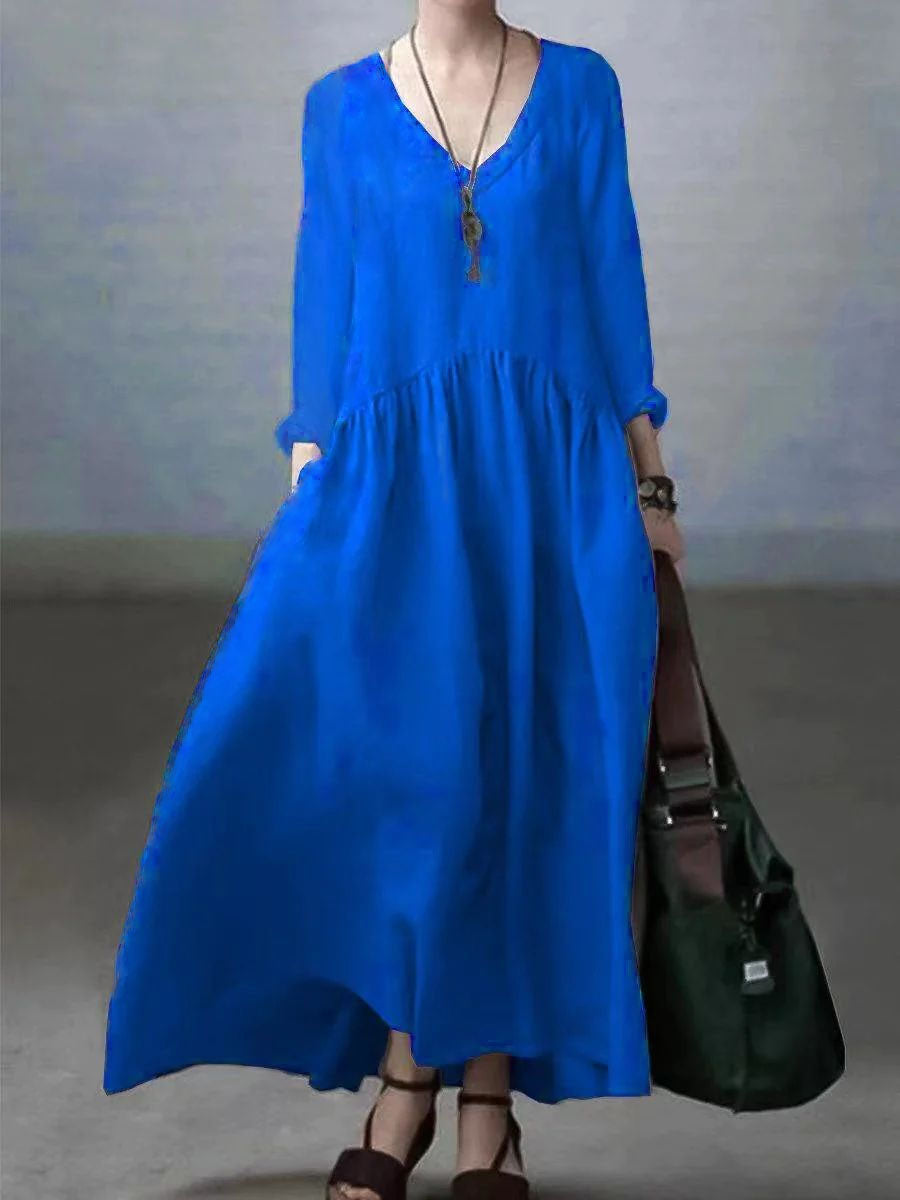 Women's long dress – Natural fibers – Loose fit – V-neck – Long sleeves