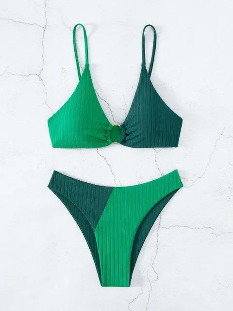 Women's bikini – Push-up set – High waist – Ribbed fabric – Decorative ring