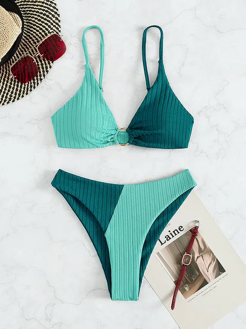 Women's bikini – Push-up set – High waist – Ribbed fabric – Decorative ring