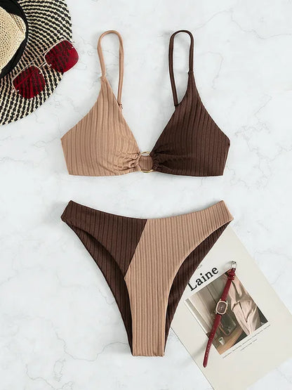 Women's bikini – Push-up set – High waist – Ribbed fabric – Decorative ring