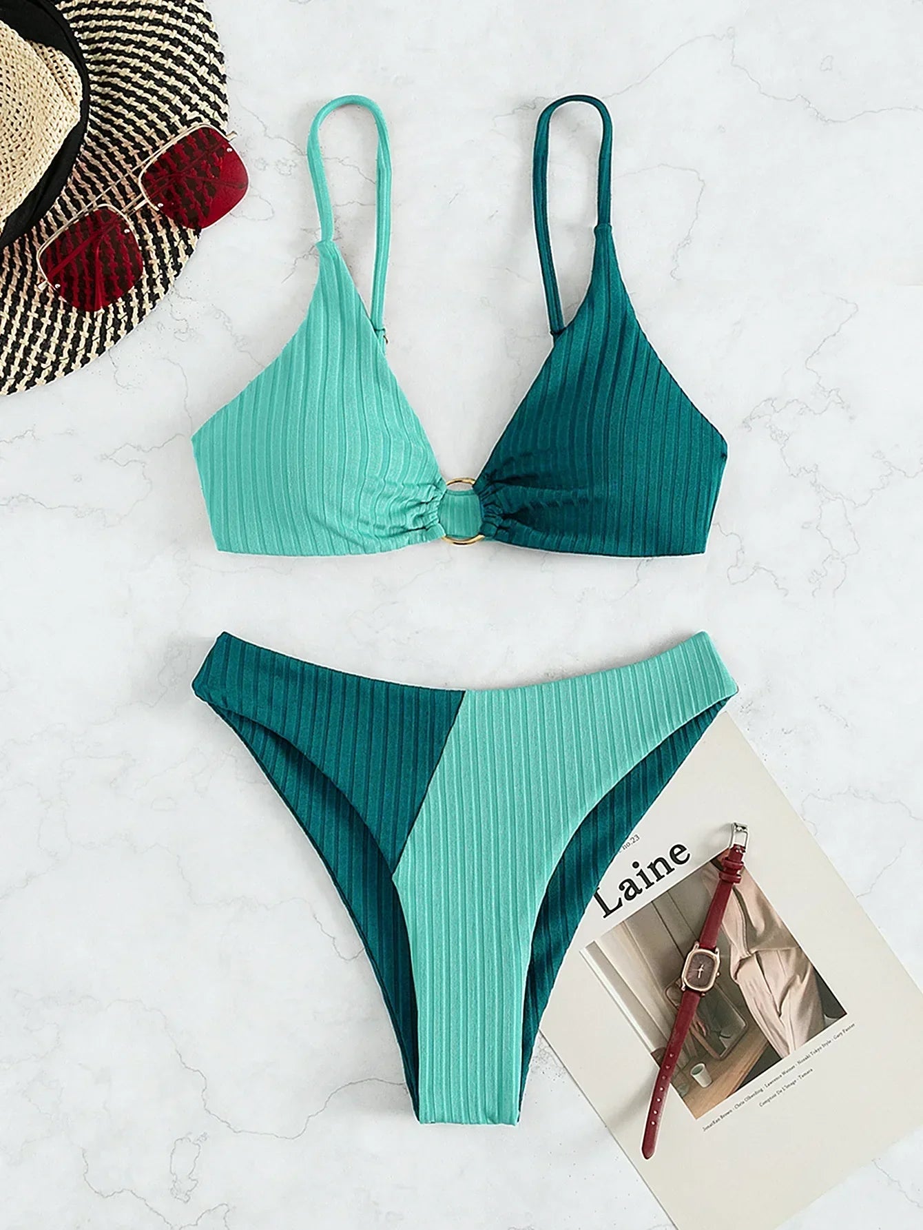Women's bikini – Push-up set – High waist – Ribbed fabric – Decorative ring