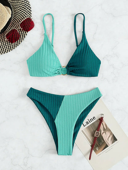 Women's bikini – Push-up set – High waist – Ribbed fabric – Decorative ring