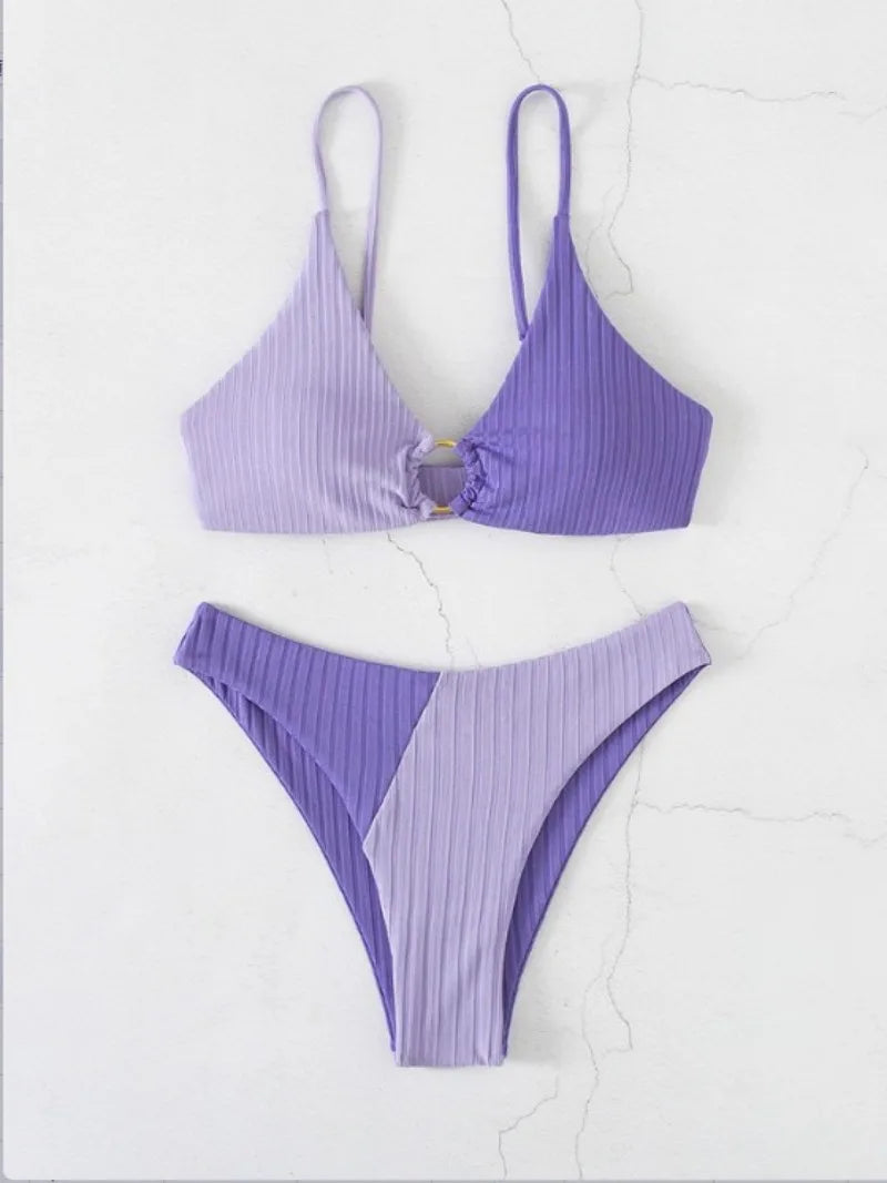 Women's bikini – Push-up set – High waist – Ribbed fabric – Decorative ring