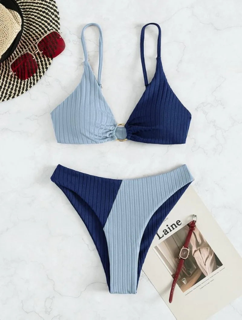 Women's bikini – Push-up set – High waist – Ribbed fabric – Decorative ring
