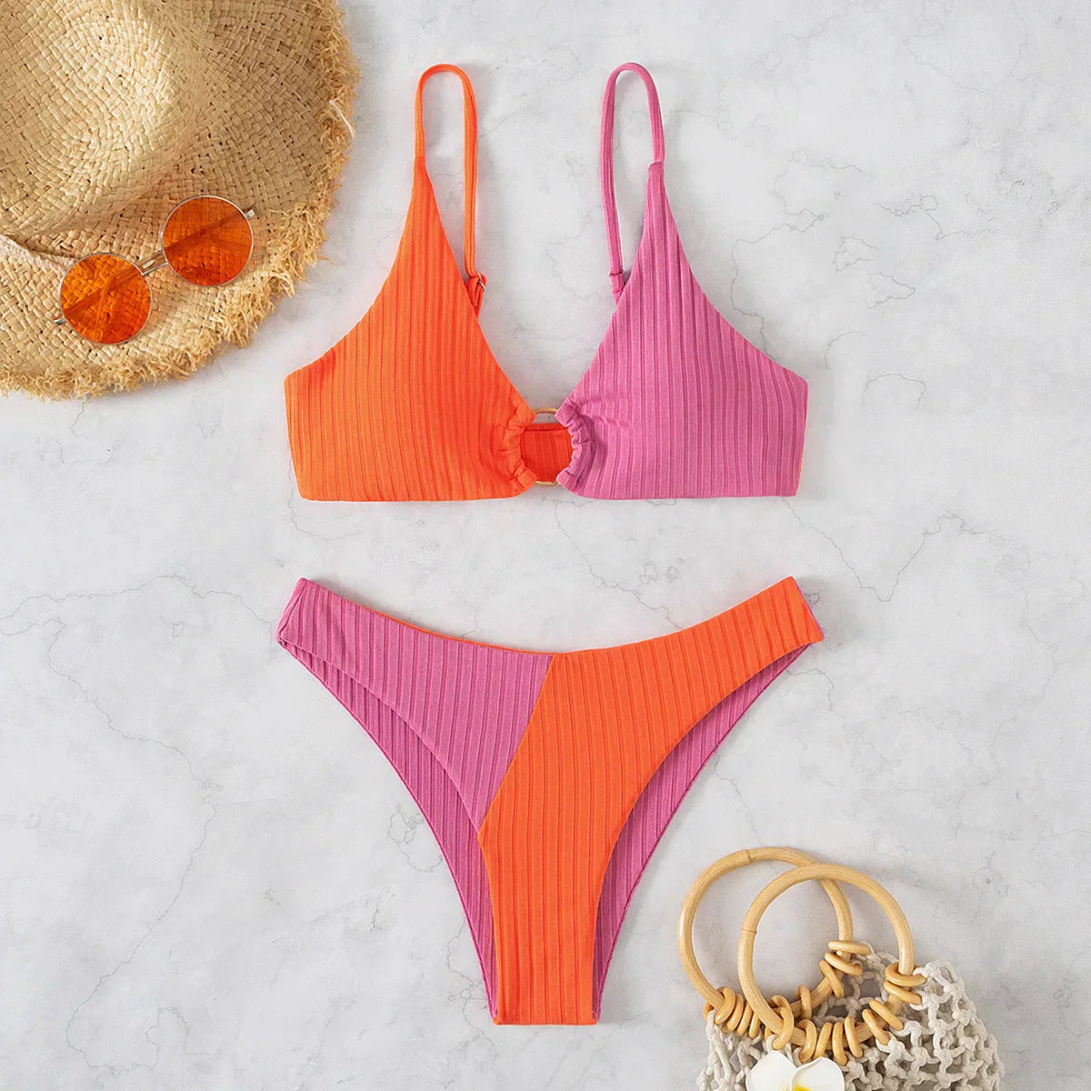 Women's bikini – Push-up set – High waist – Ribbed fabric – Decorative ring
