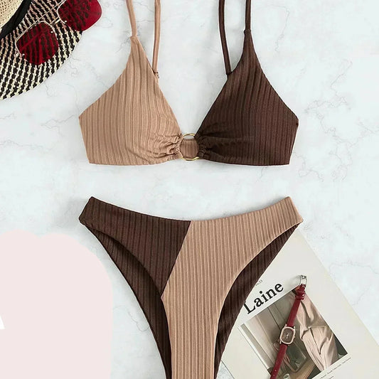 Women's bikini – Push-up set – High waist – Ribbed fabric – Decorative ring