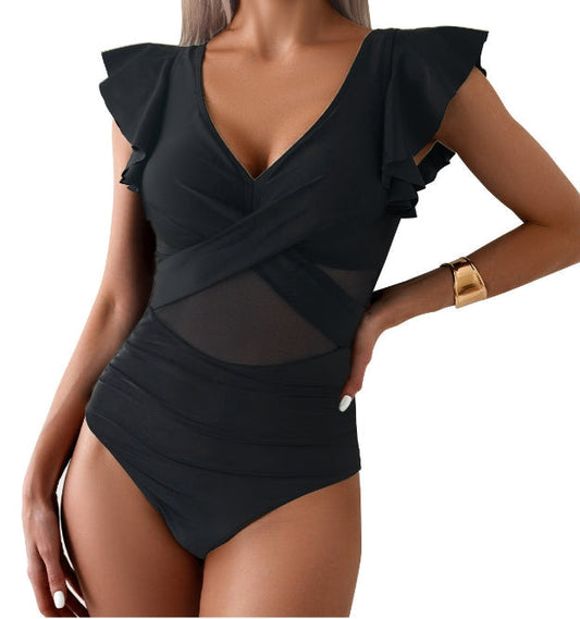 Women's 1-piece swimsuit – Plunging neckline – Ruffles – Tulle – Quick-drying