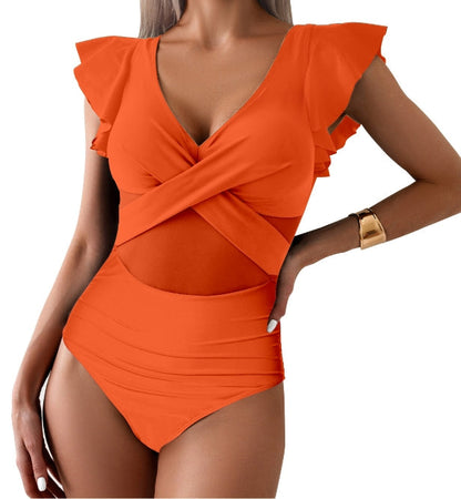 Women's 1-piece swimsuit – Plunging neckline – Ruffles – Tulle – Quick-drying