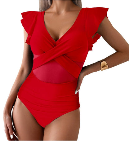 Women's 1-piece swimsuit – Plunging neckline – Ruffles – Tulle – Quick-drying